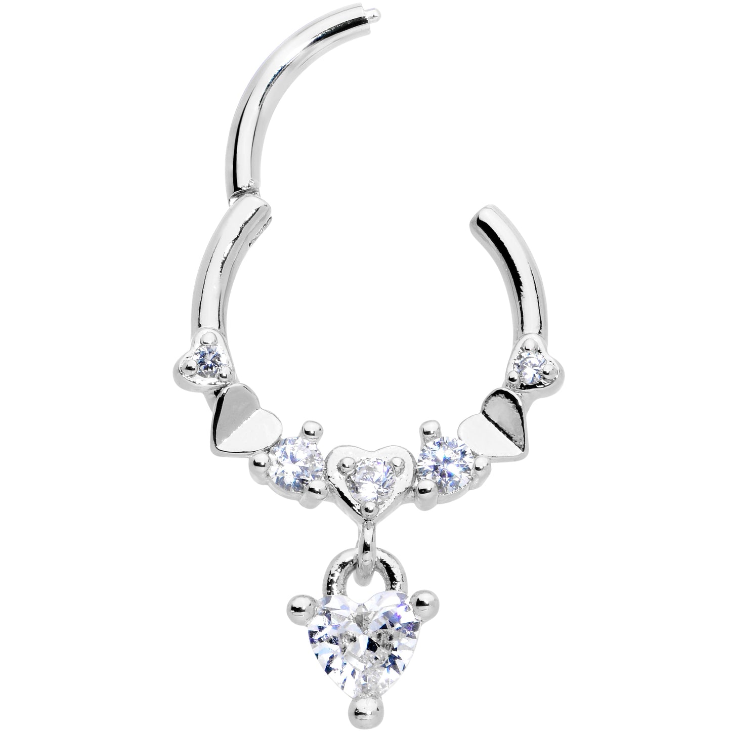 16G 3/8 Clear CZ Gem Love Heart Dangle Hinged Segment Ring