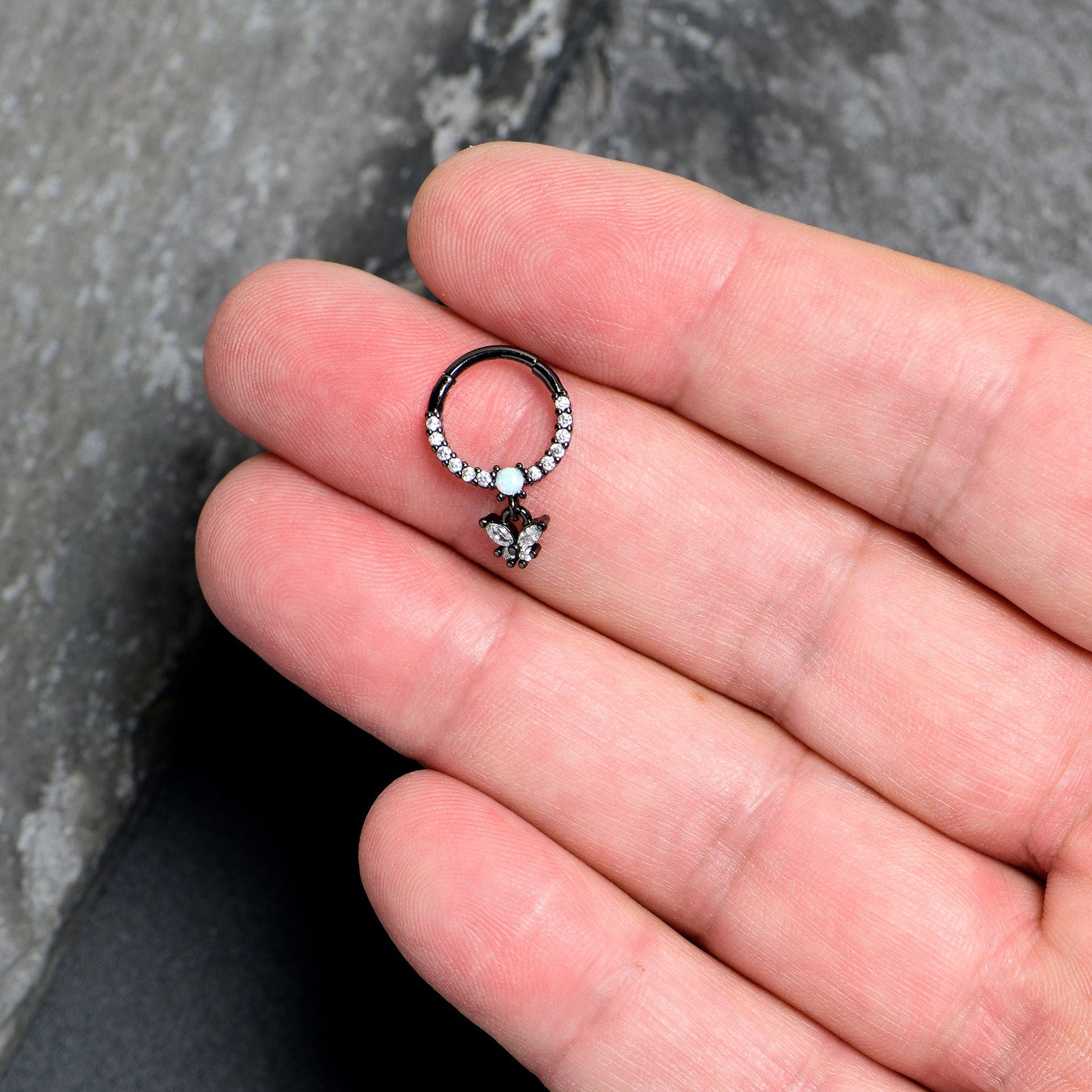 16G 3/8 Blue Synthetic Opal Black Butterfly Hinged Segment Ring