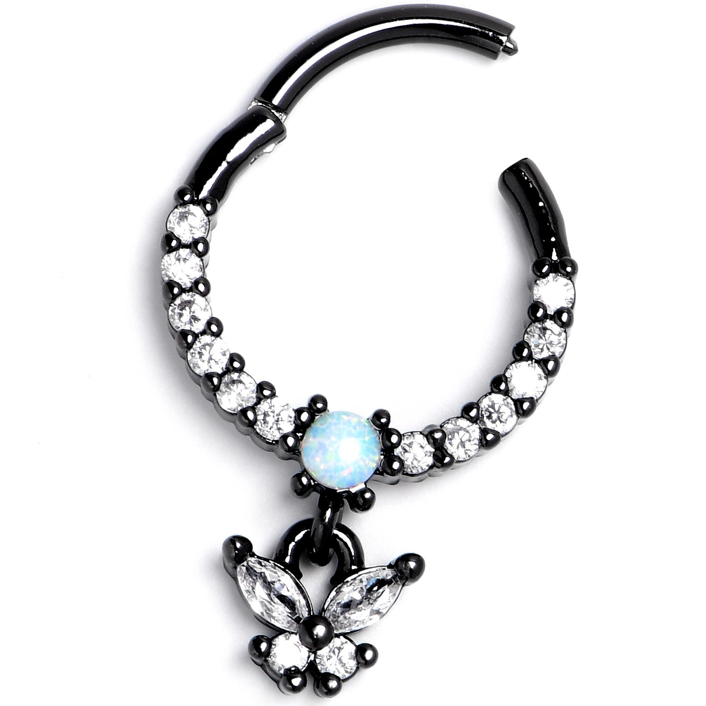 16G 3/8 Blue Synthetic Opal Black Butterfly Hinged Segment Ring