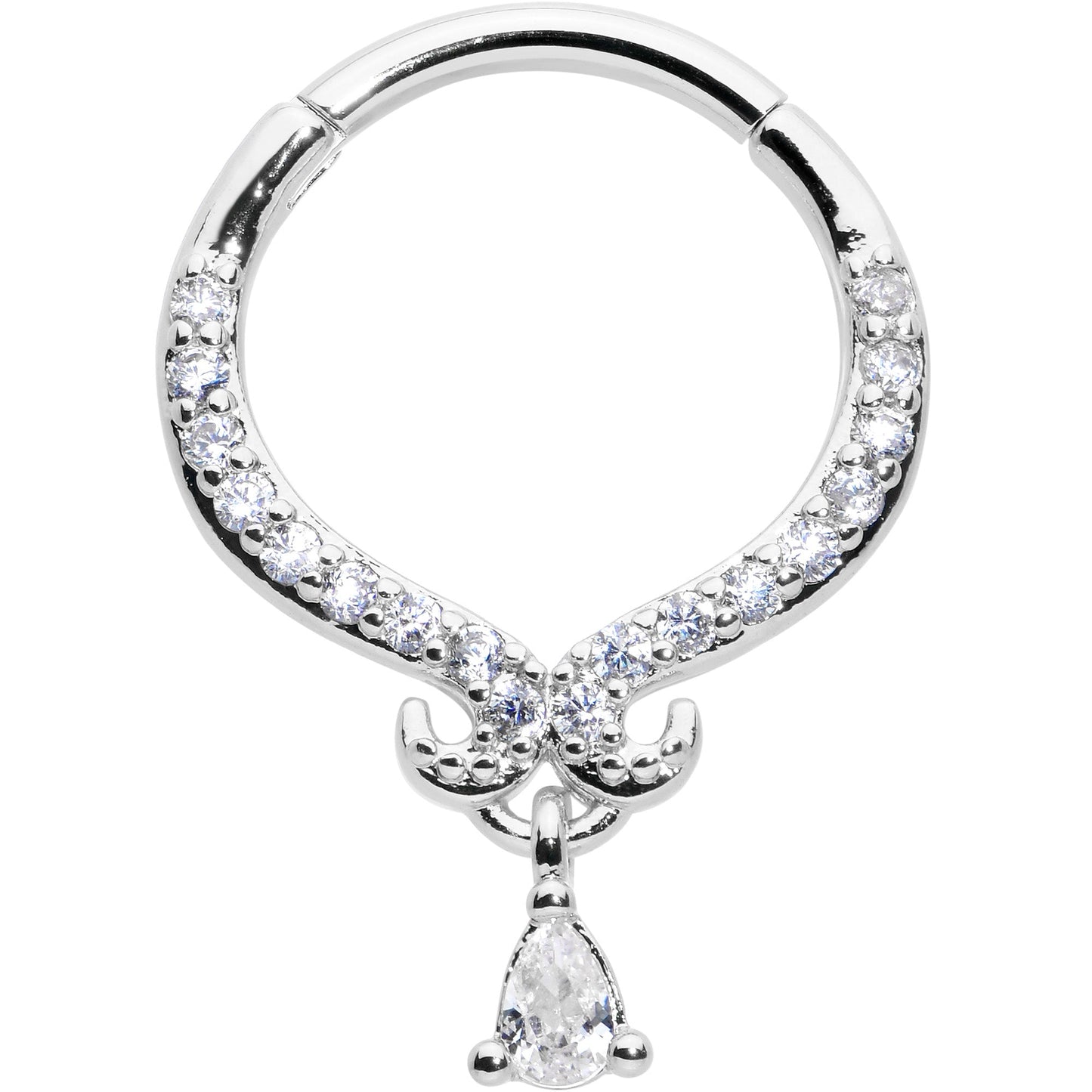 16G 3/8 Clear CZ Gem Elegant Curves Dangle Hinged Segment Ring