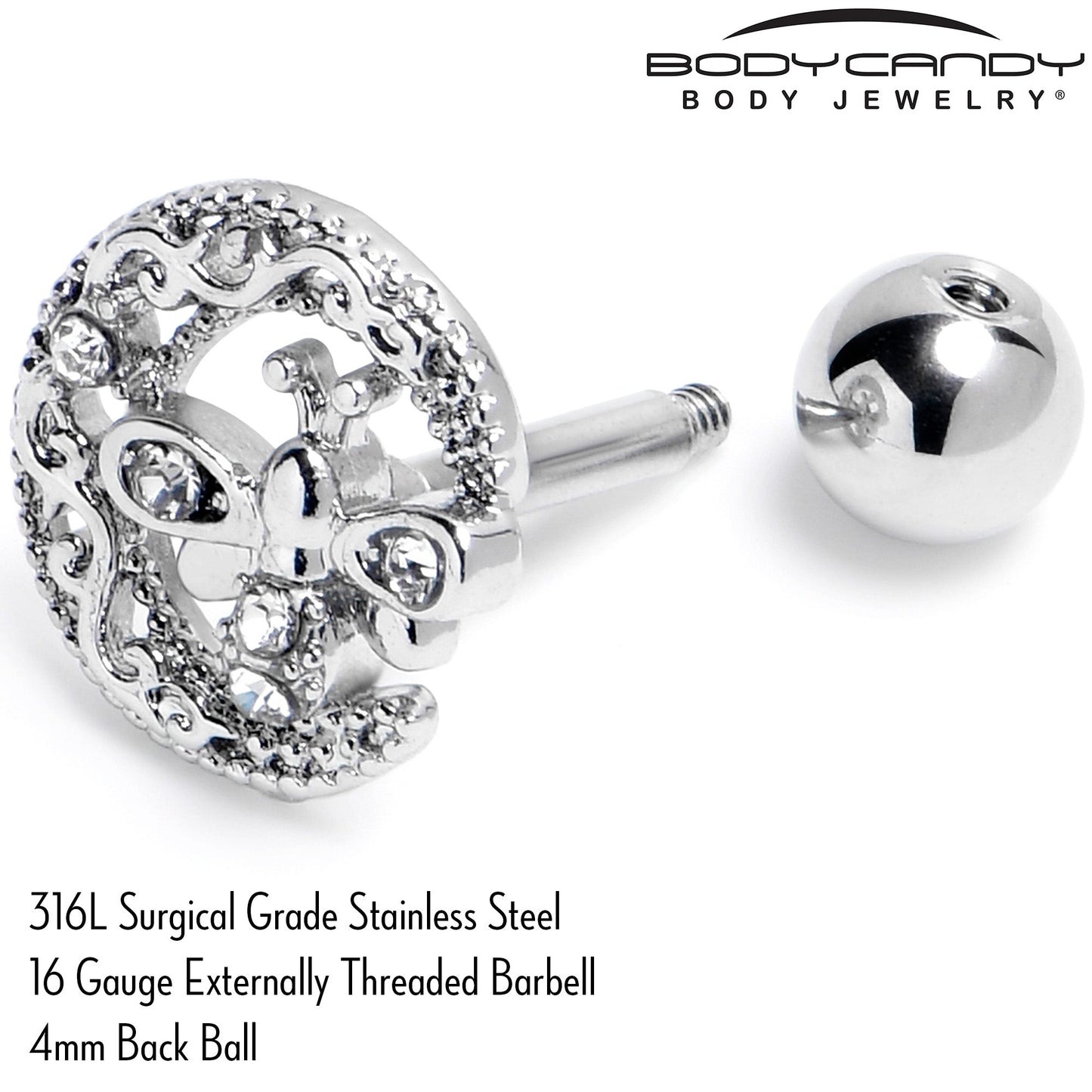 16G 1/4 Clear Gem Lunar Dragonfly Cartilage Tragus Earring