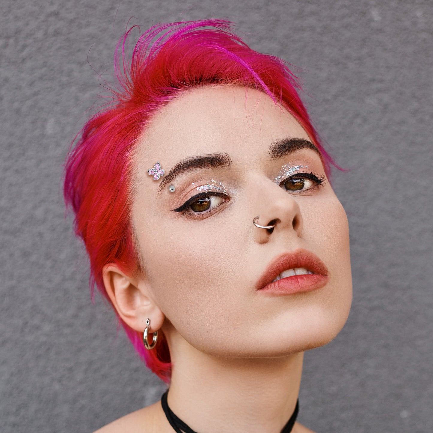 16G 5/16 Pink Gem Baroque Beauty Butterfly Curved Eyebrow Ring