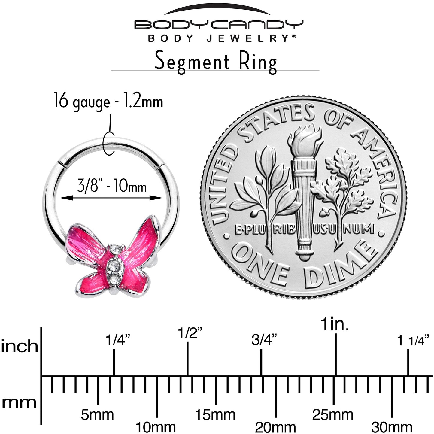 16G 3/8 Clear Gem Chunky Butterfly Pink Hinged Segment Ring