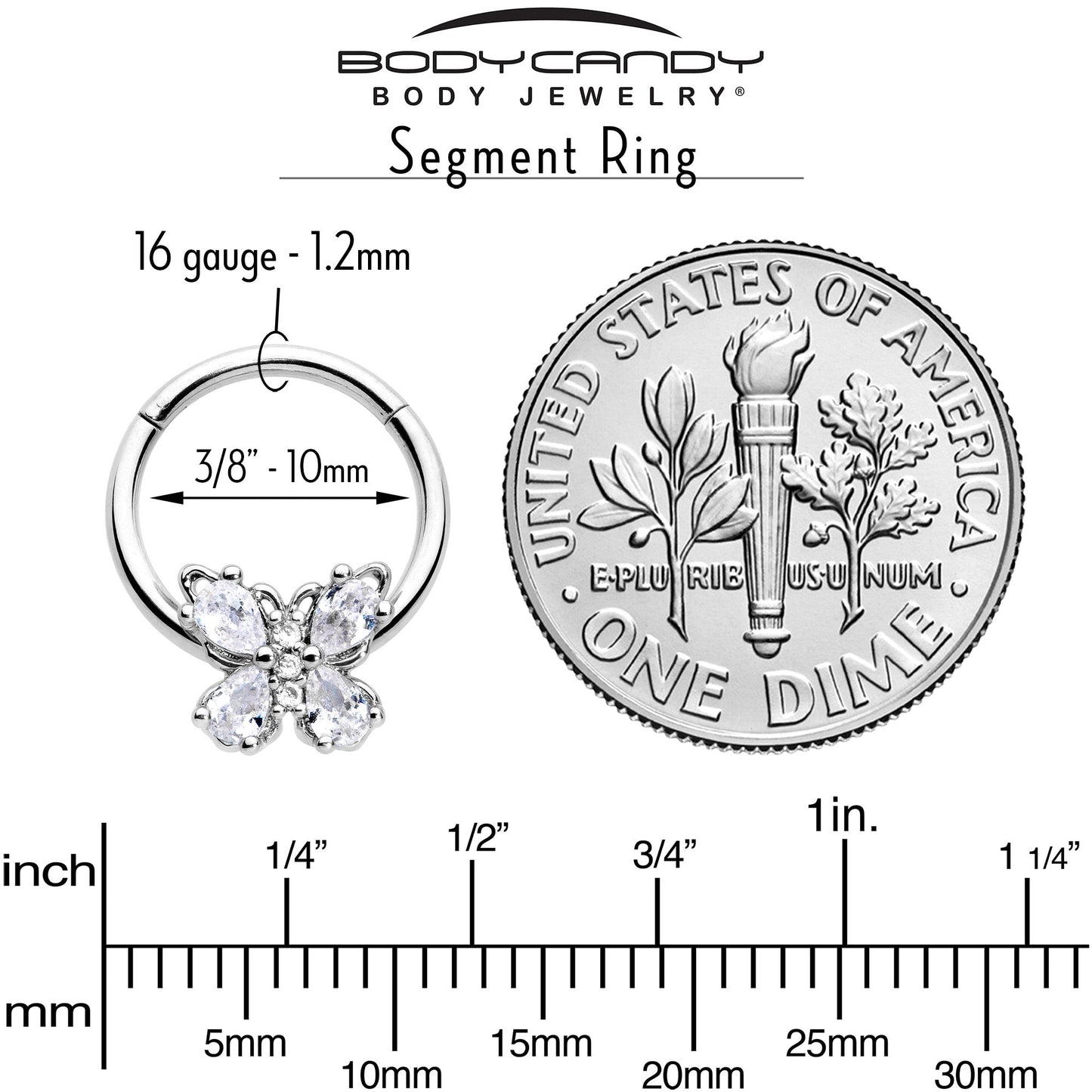 16G 3/8 Clear Gem Baroque Beauty Butterfly Hinged Segment Ring