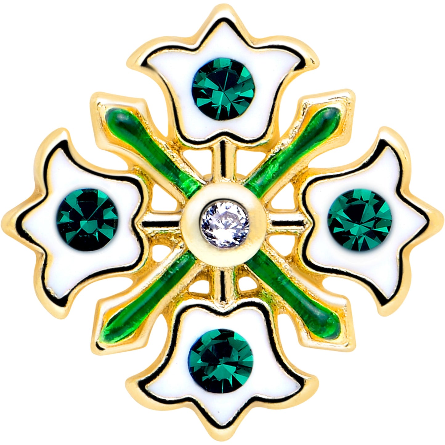 16G 1/4 Green Gem Gold Tone Flower Wreath Flatback Stud