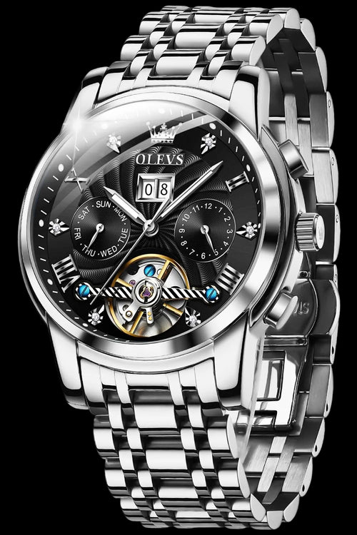 30% Off** OLEVS Automatic Watches for Men Diamond Skeleton Mechanical Tourbillon Silver Black Self Winding Luxury Dress Wrist Watches Calendar Luminous Waterproof