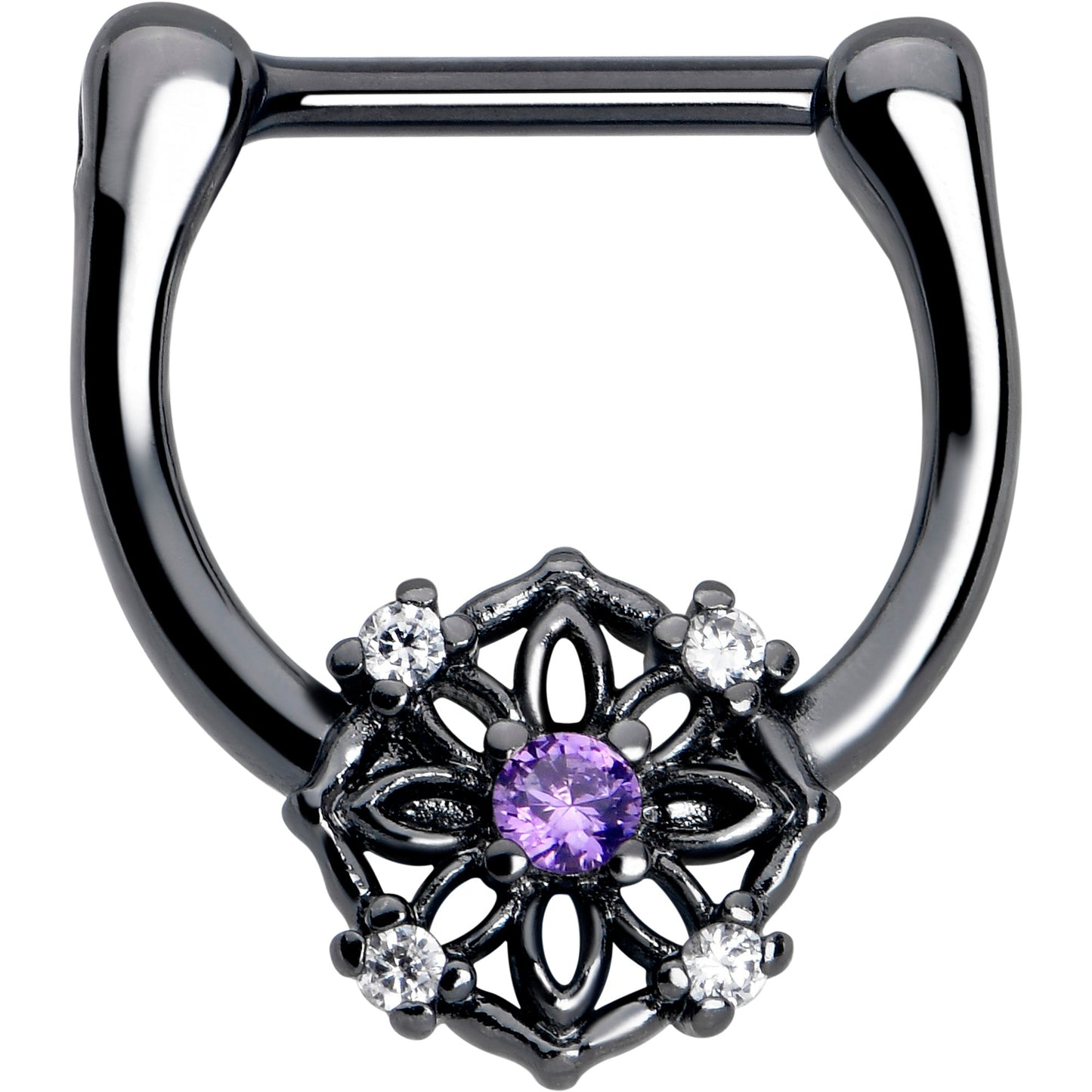 16G 5/16 Purple Clear CZ Gem Black Flower Ring Cartilage Clicker