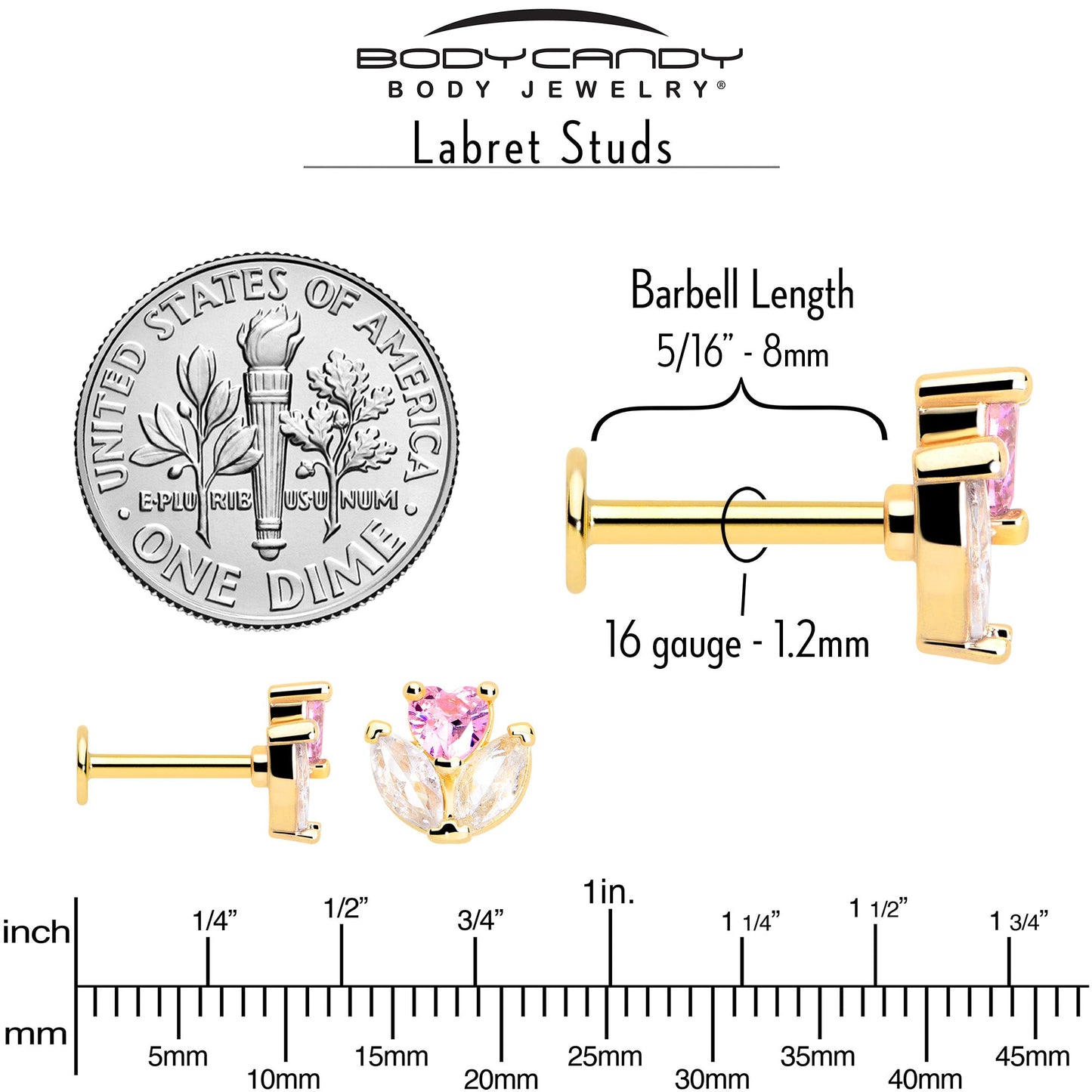 16G 5/16 Pink CZ Gem Gold Tone Love Flower Labret Monroe Tragus