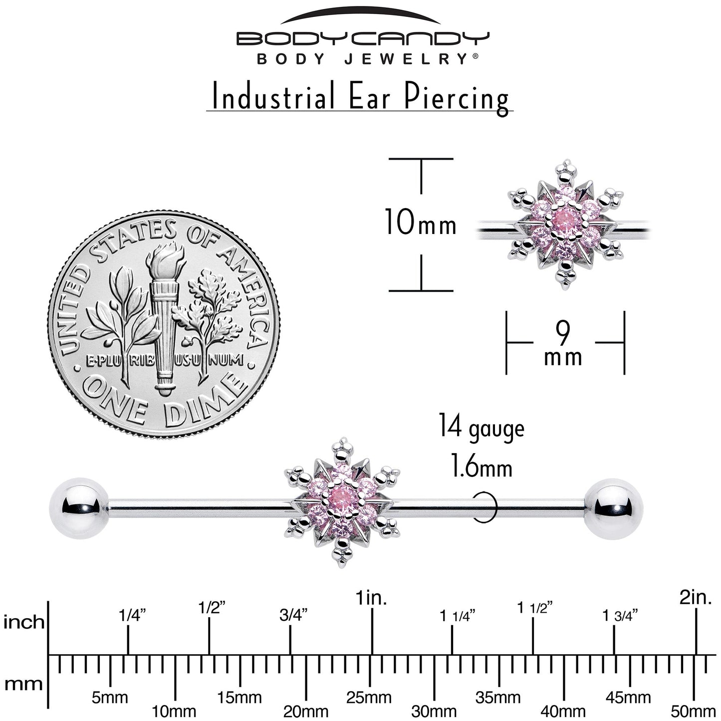 14G Pink CZ Gem Snowflake Glam Industrial Barbell 38mm