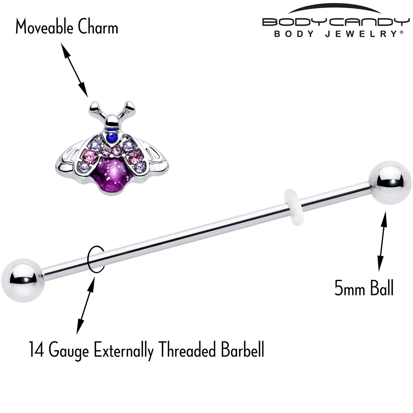 14G Pink Blue Gem Beautiful Insect Industrial Barbell 38mm