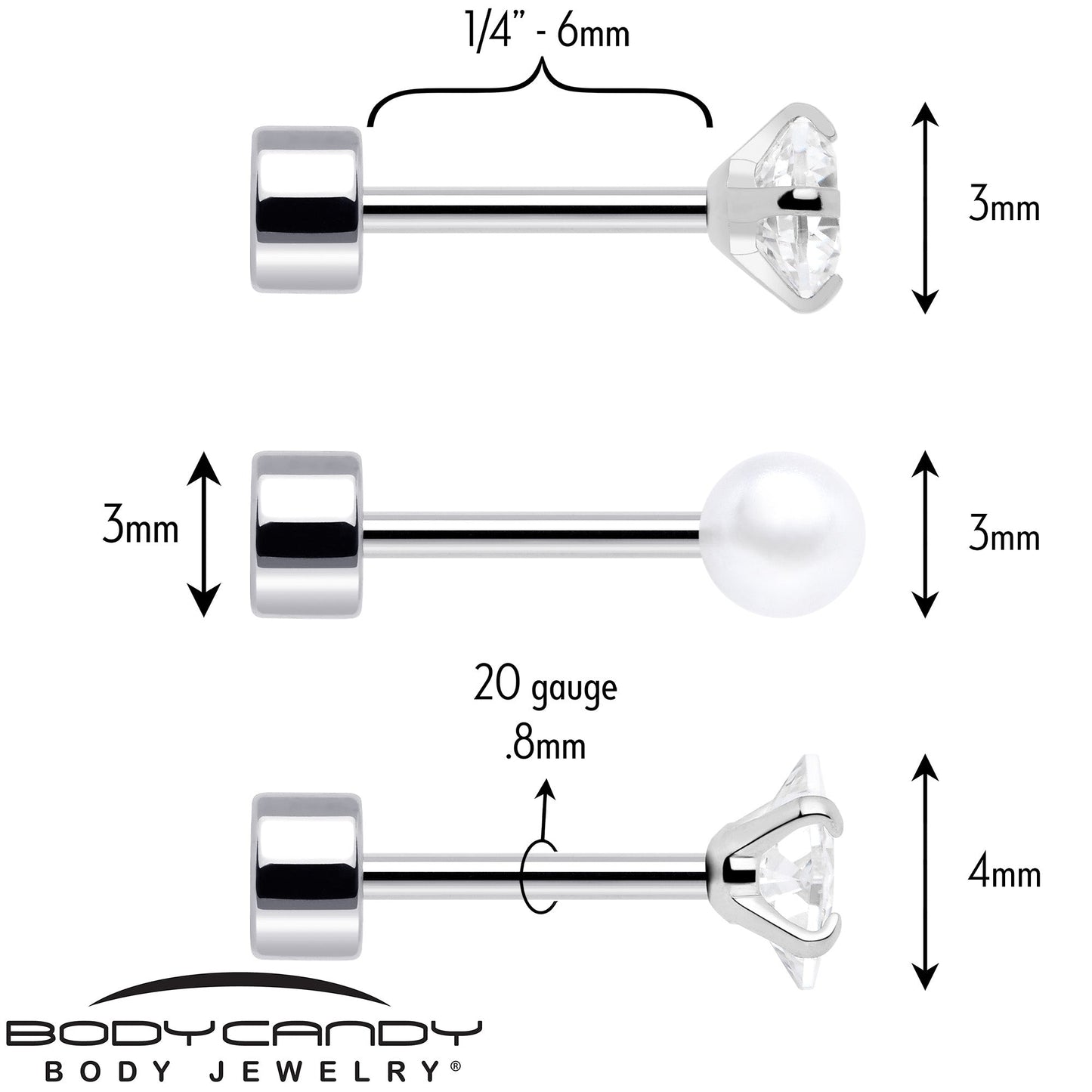 20G Clear Gem White Orb Flatback Earring Set of 6
