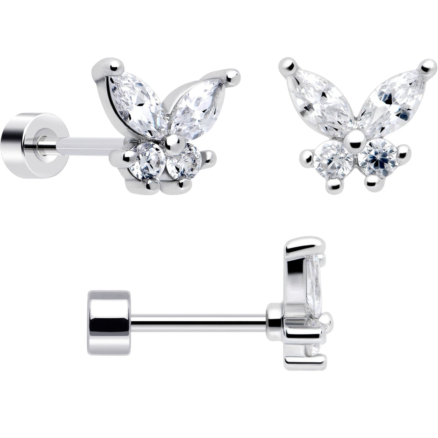 20G Clear Gem White Orb Butterfly Flatback Earring Set of 6