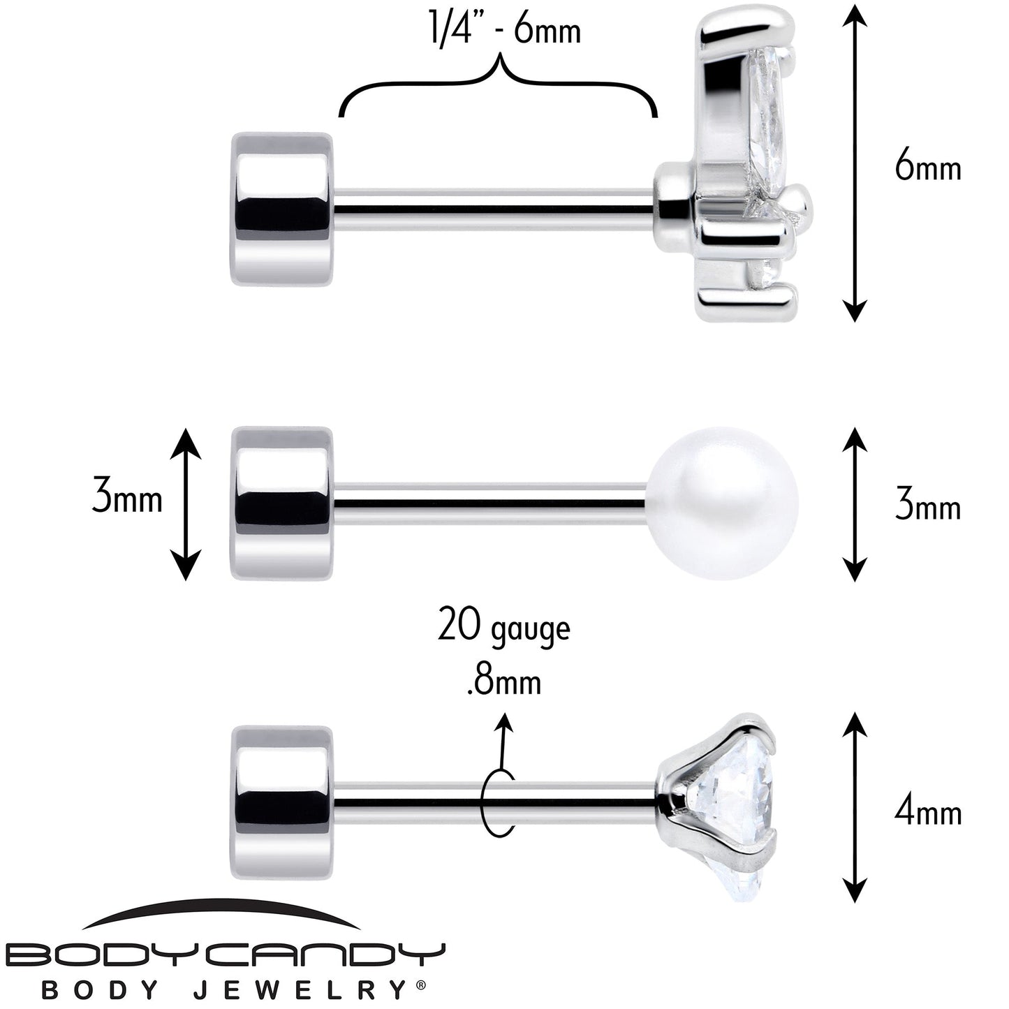 20G Clear Gem White Orb Butterfly Flatback Earring Set of 6