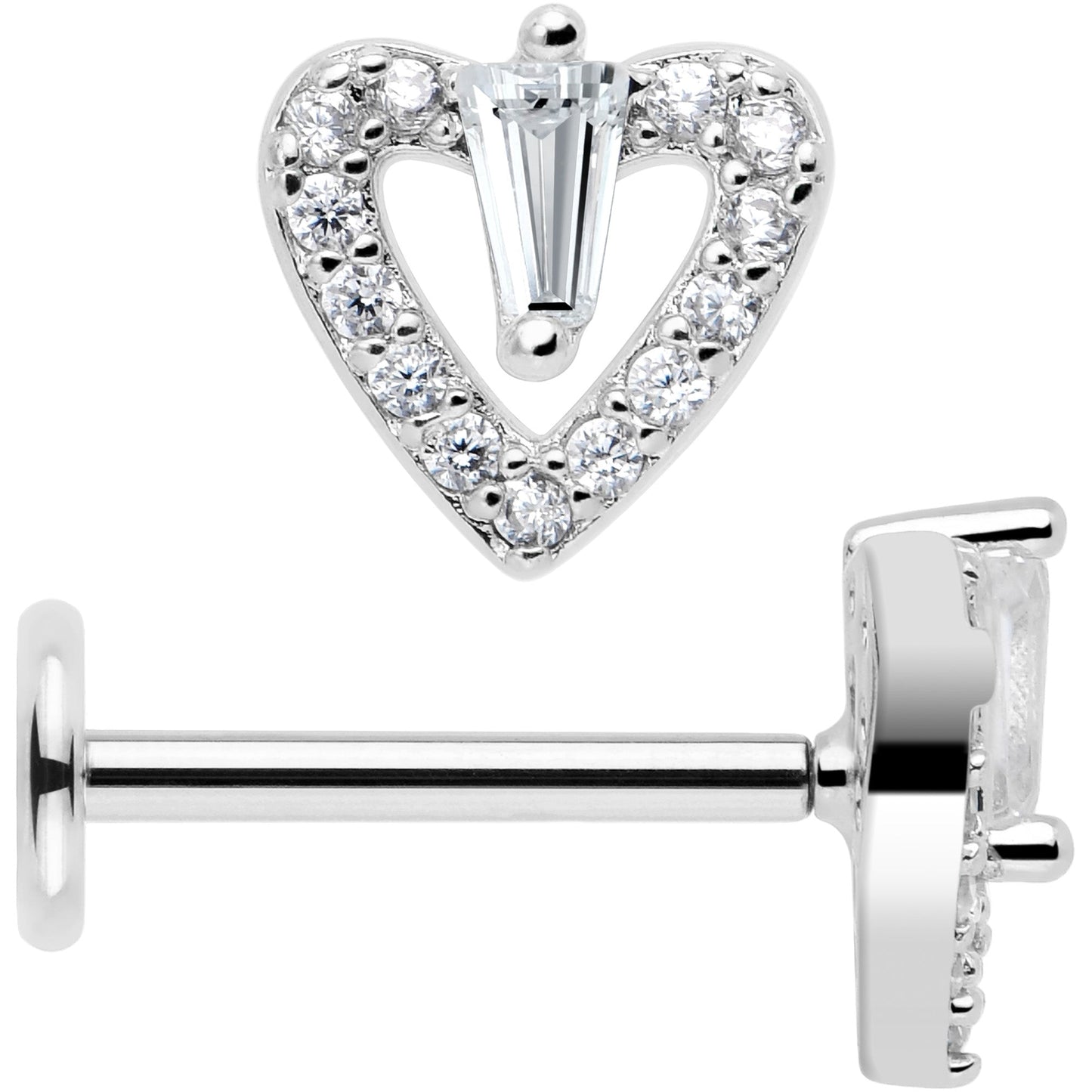 18G 5/16 CZ Gem Heart Threadless Push In Labret Monroe Tragus