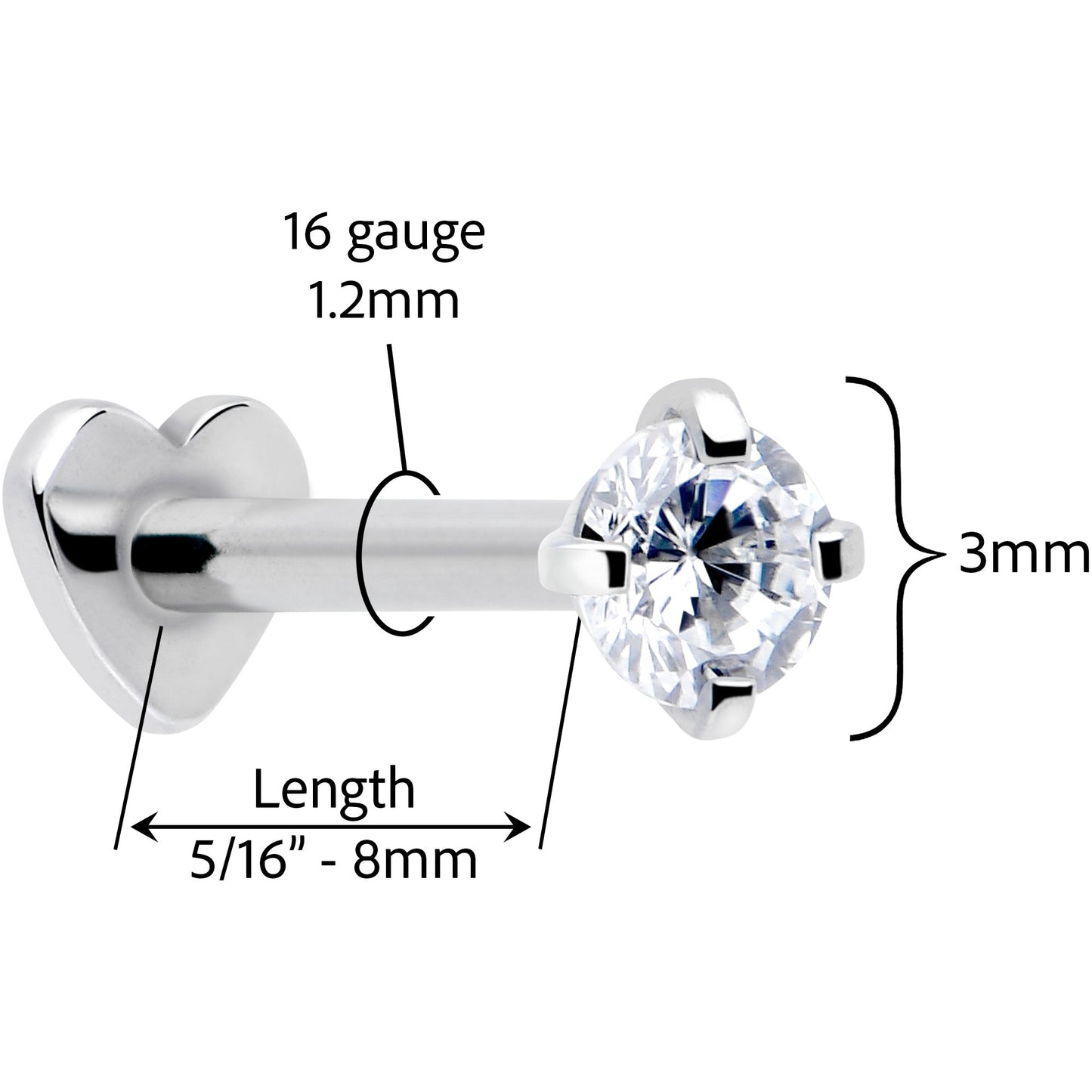 16G 5/16 Clear CZ Implant Grade Titanium Threadless Reversible Heart Flatback Stud