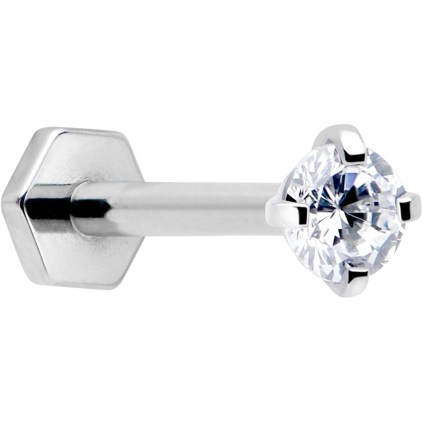 16G 5/16 Clear Gem Implant Grade Titanium Threadless Reversible Hex Flatback Stud