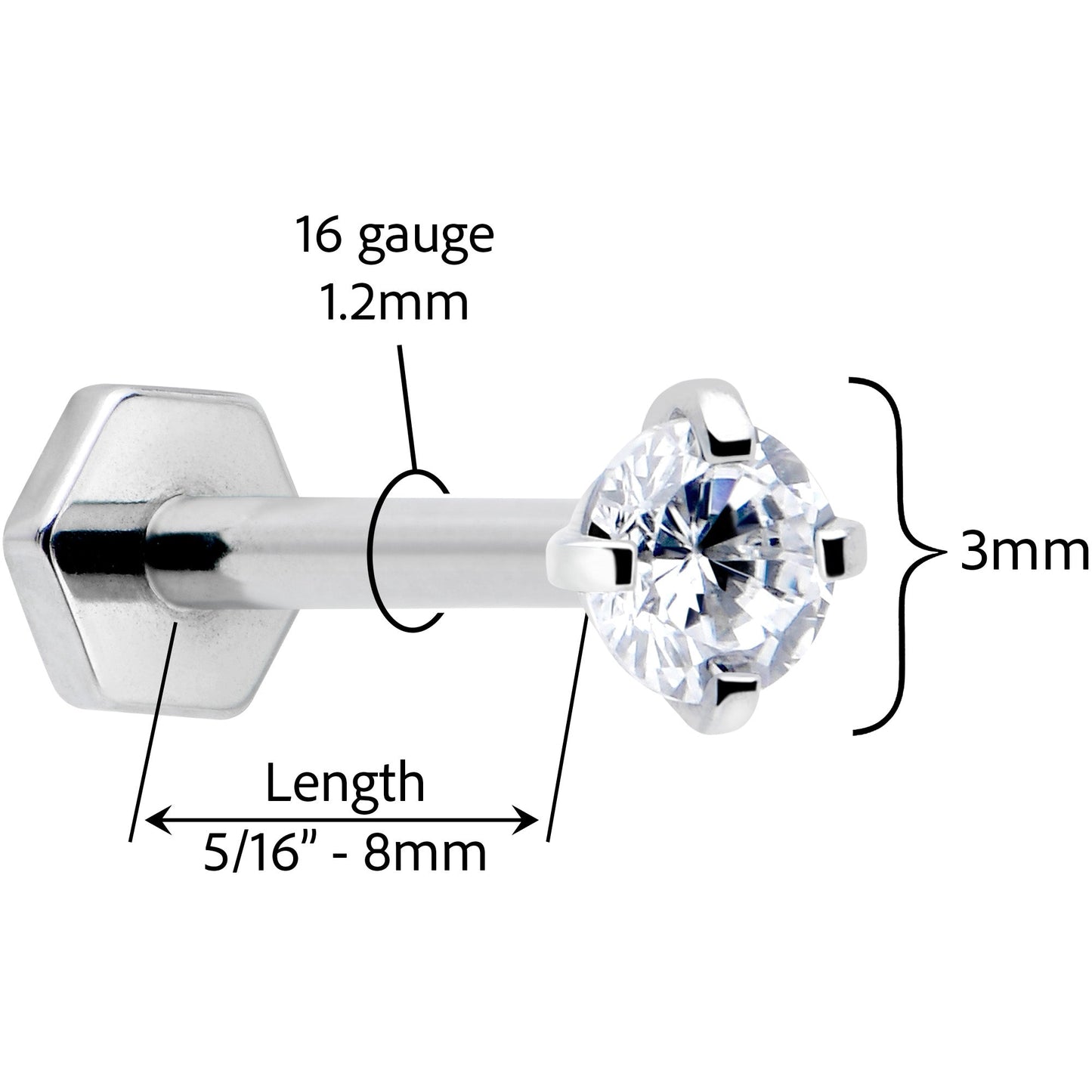 16G 5/16 Clear Gem Implant Grade Titanium Threadless Reversible Hex Flatback Stud