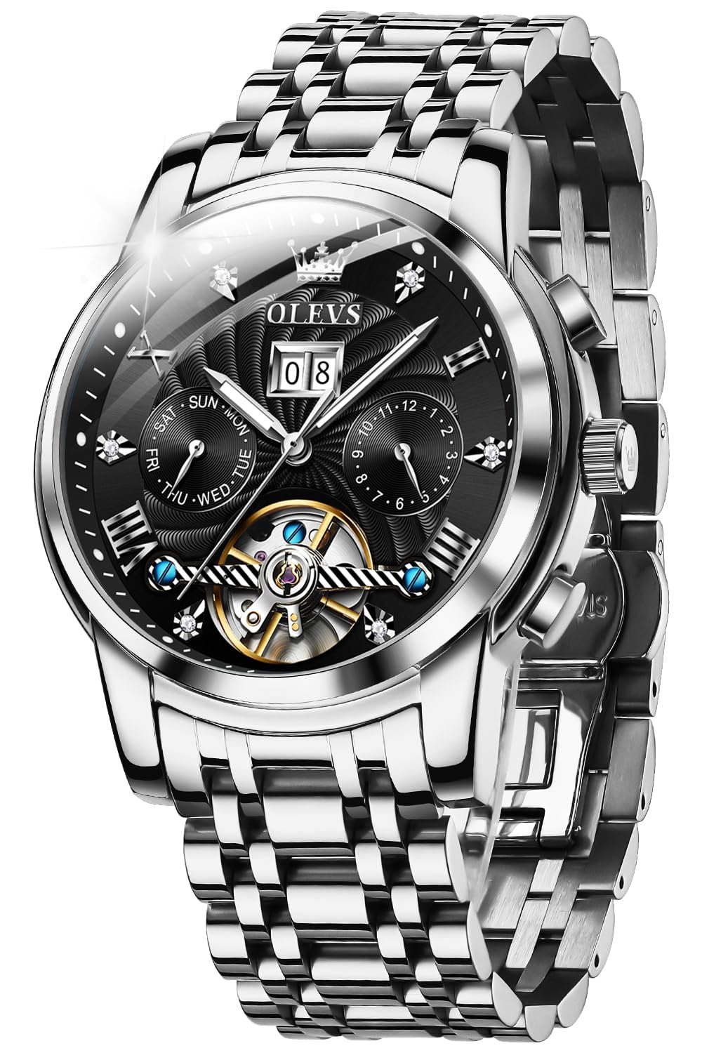 30% Off** OLEVS Automatic Watches for Men Diamond Skeleton Mechanical Tourbillon Silver Black Self Winding Luxury Dress Wrist Watches Calendar Luminous Waterproof