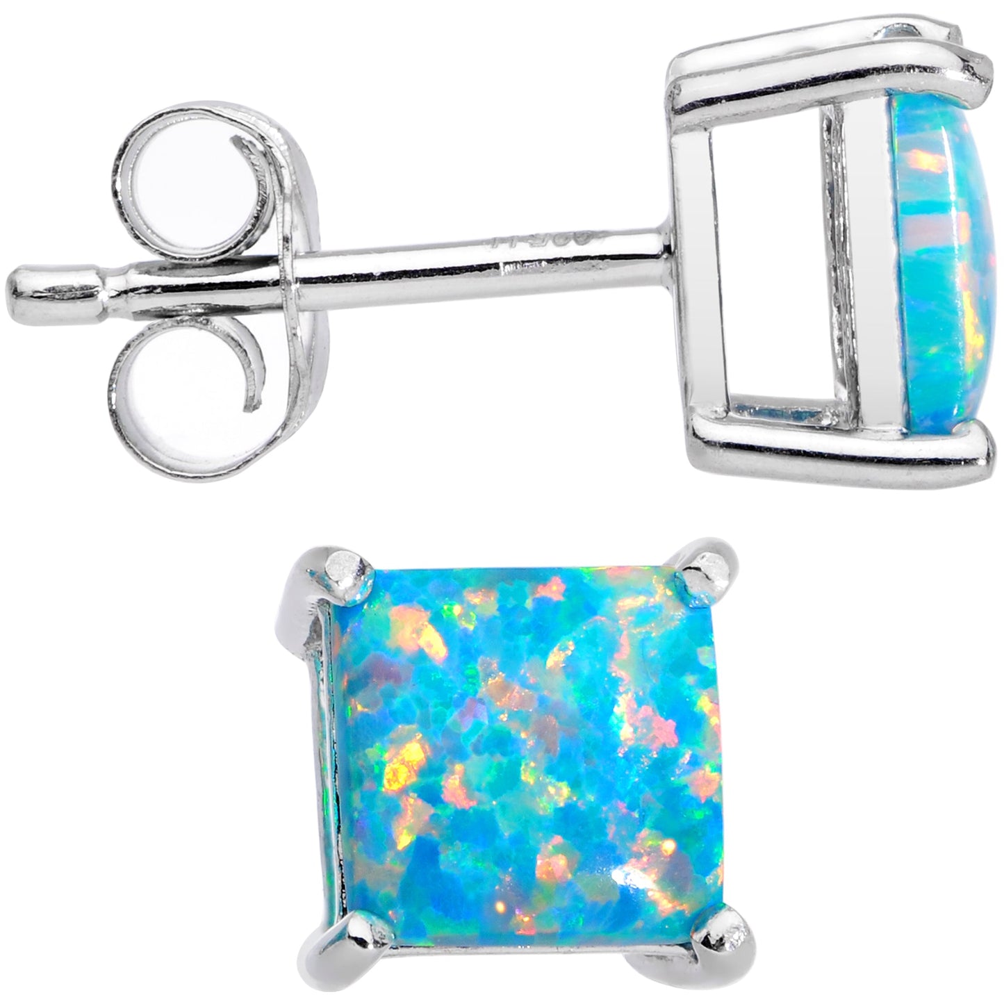 6mm Teal Square Sterling Silver Synthetic Opal Stud Earrings