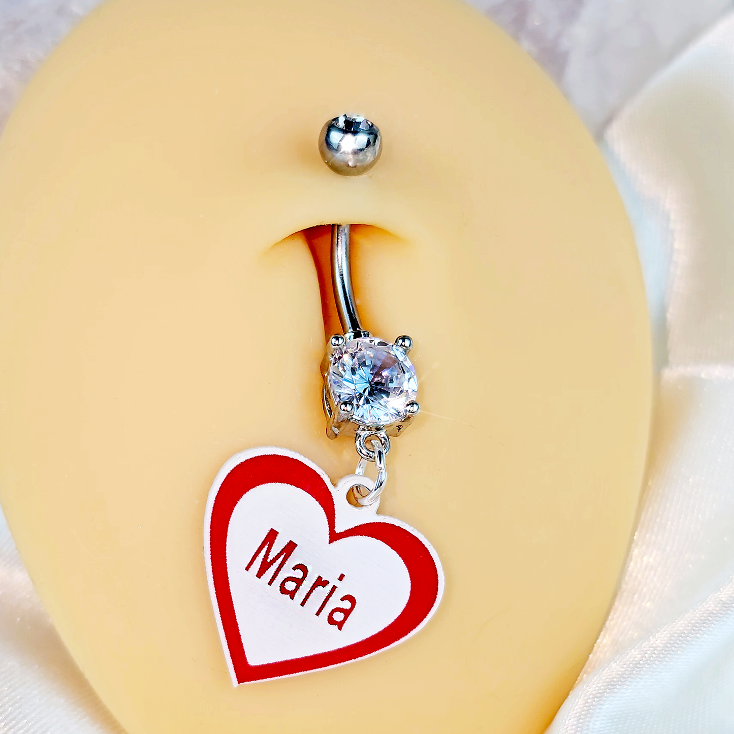 Custom Double Gem Red White Valentines Day Heart Personalized Dangle Belly Ring