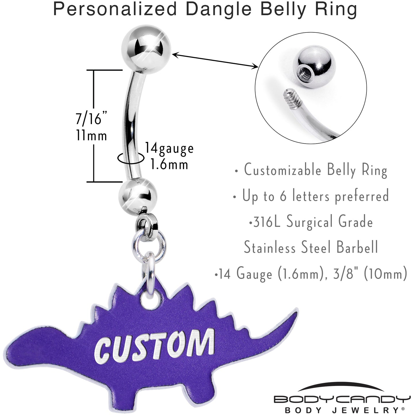 Custom Purple Stegosaurus Dinosaur Personalized Dangle Belly Ring