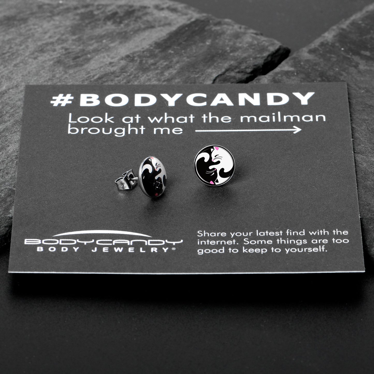Cute Kitty Cat Yin Yang Stud Earrings by Onyx O