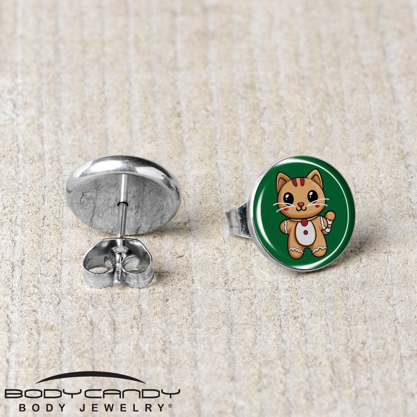 Christmas Holiday Gingerbrread Kitty Cat Stud Earrings by Onyx O