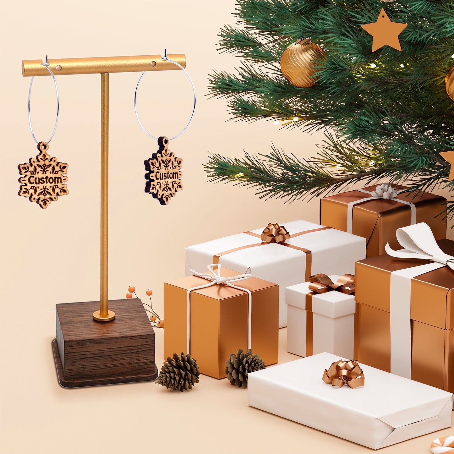 Custom Natural Wood Snowflake Personalized Hoop Earrings