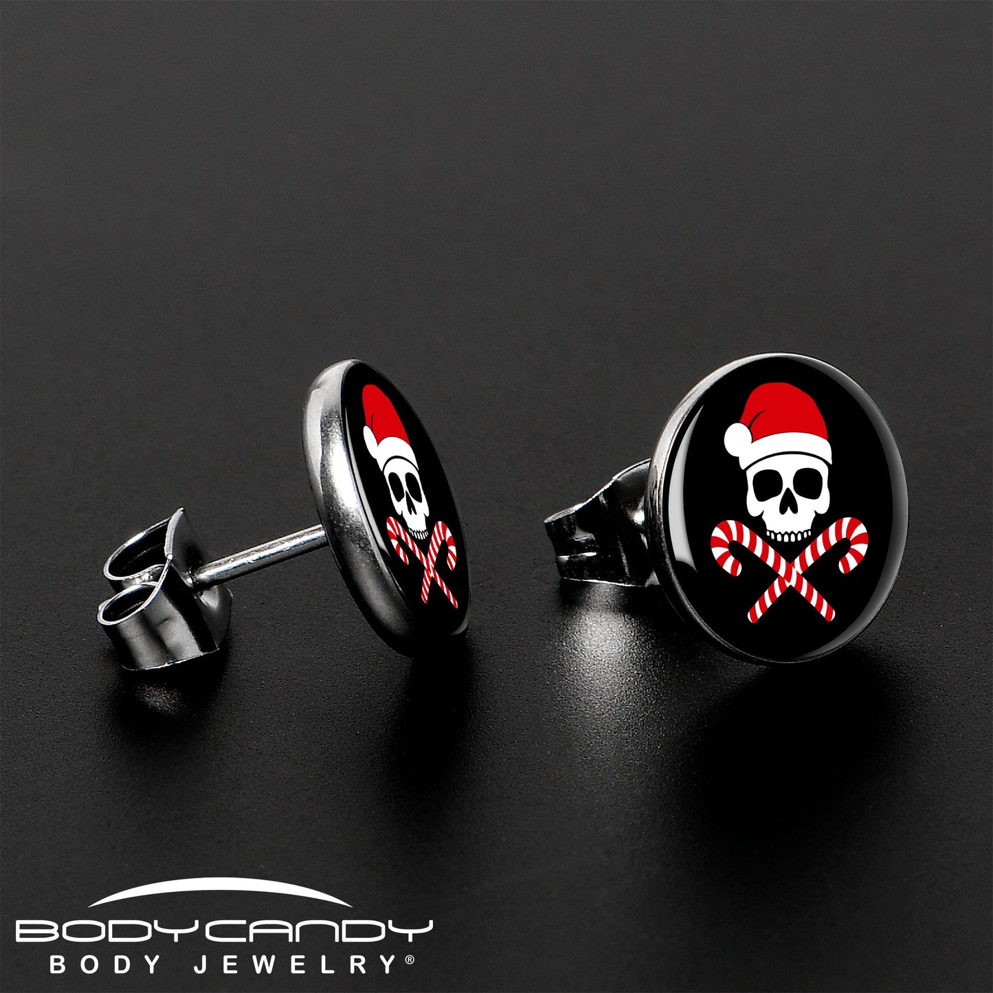 Santa Pirate Candy Cane Skull Stud Earrings by Onyx O