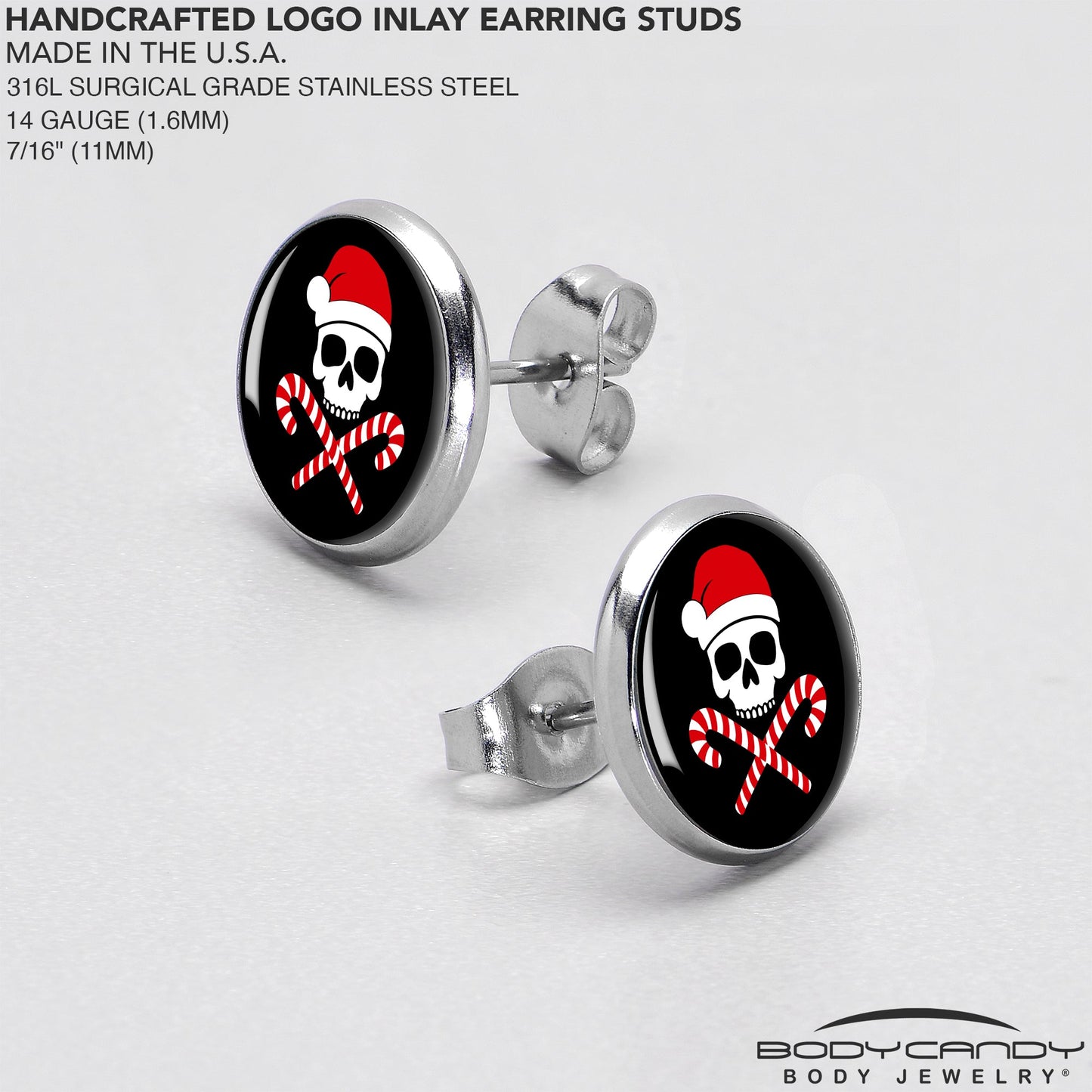 Santa Pirate Candy Cane Skull Stud Earrings by Onyx O