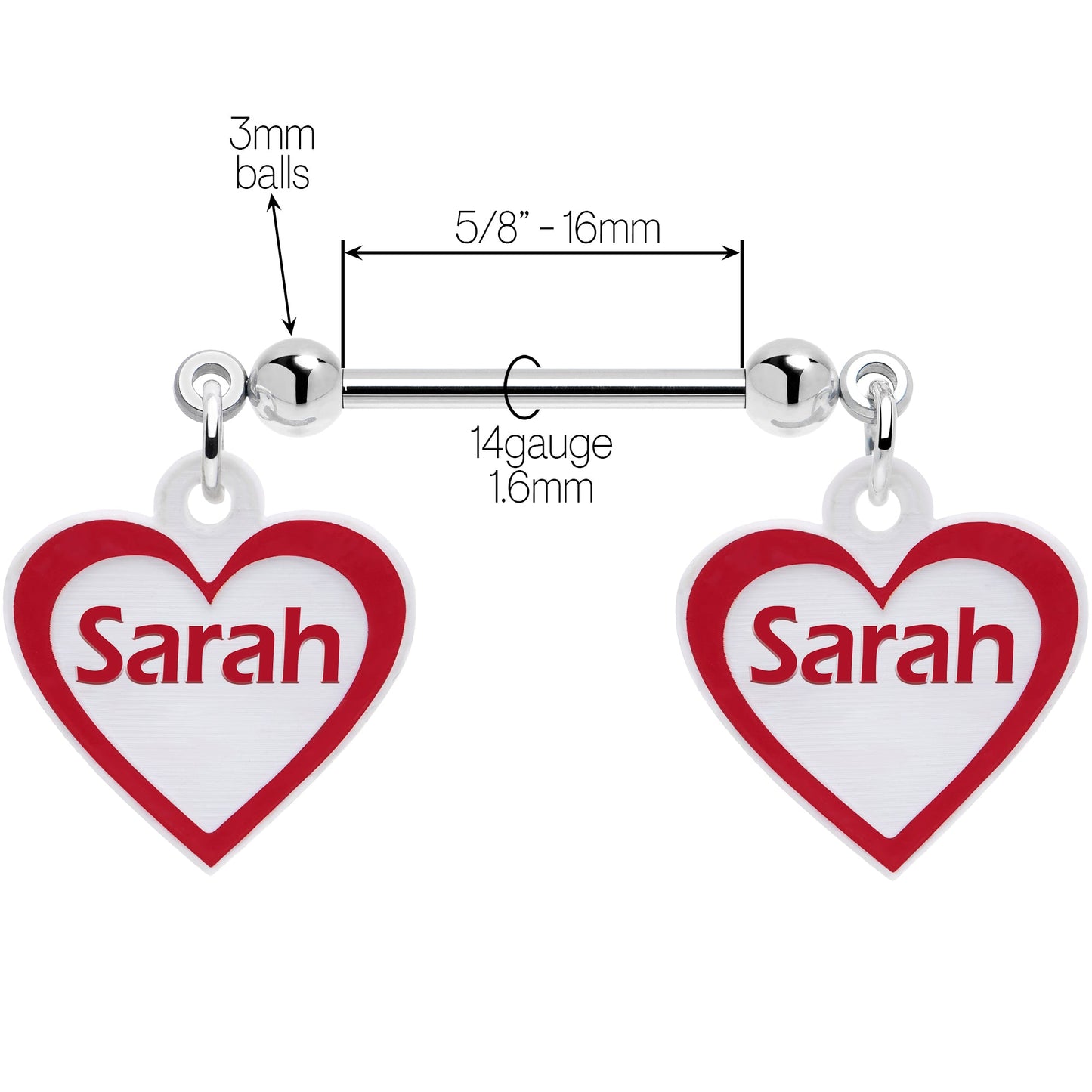 Custom Red White Heart Double Personalized Name Dangle Nipple Ring Set