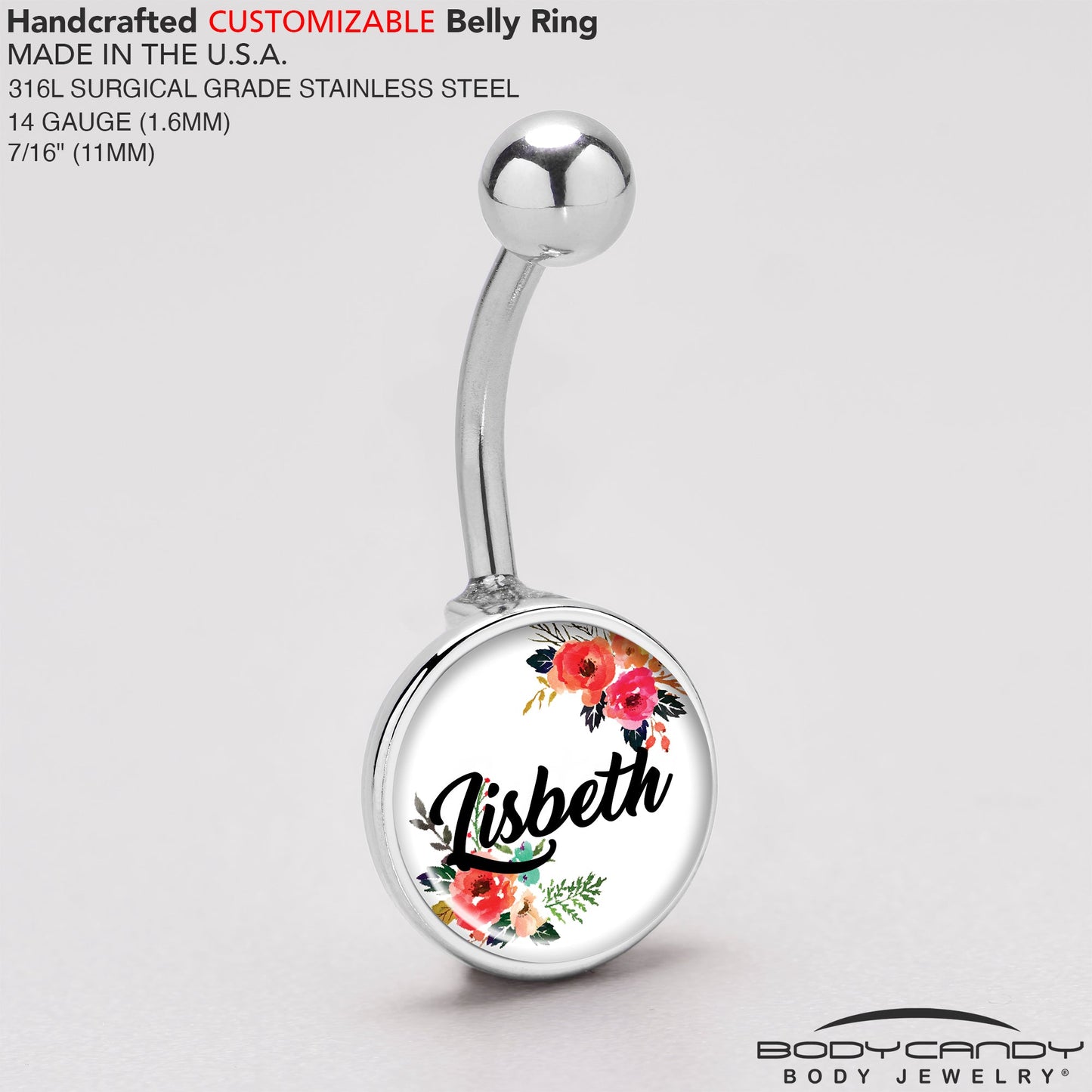Custom Floral Personalized Name Belly Ring