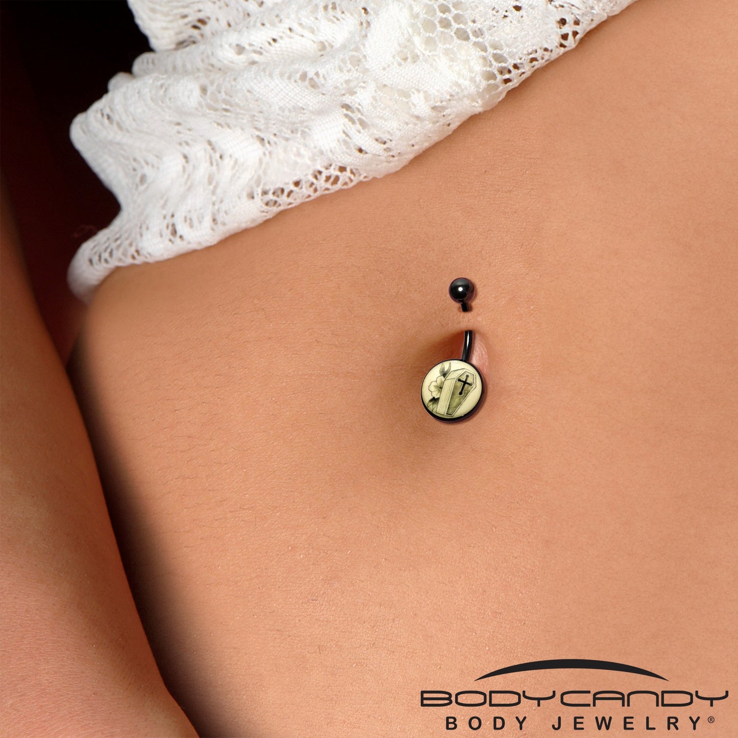 Black Titanium Coffin and Flower Glow in the Dark Belly Ring