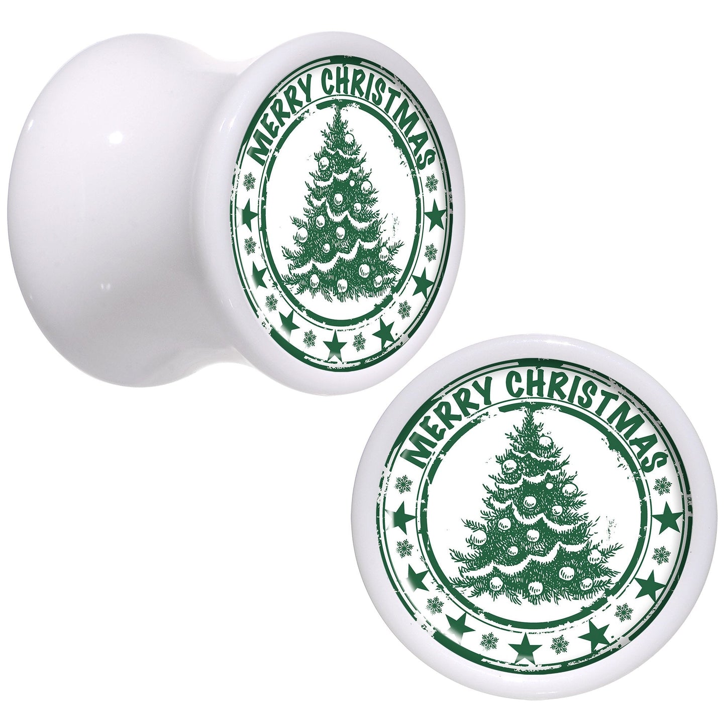 Merry Christmas Tree White Acrylic Saddle Plug Set Sizes 5mm to 20mm