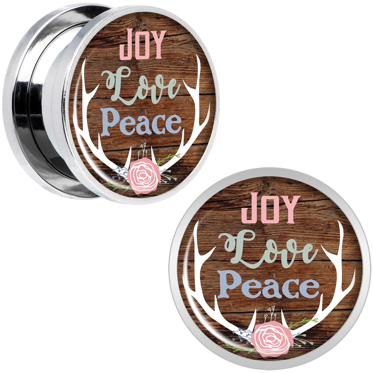 Rustic Joy Love Peace Antlers Screw Fit Plug Set Sizes 5mm to 20mm