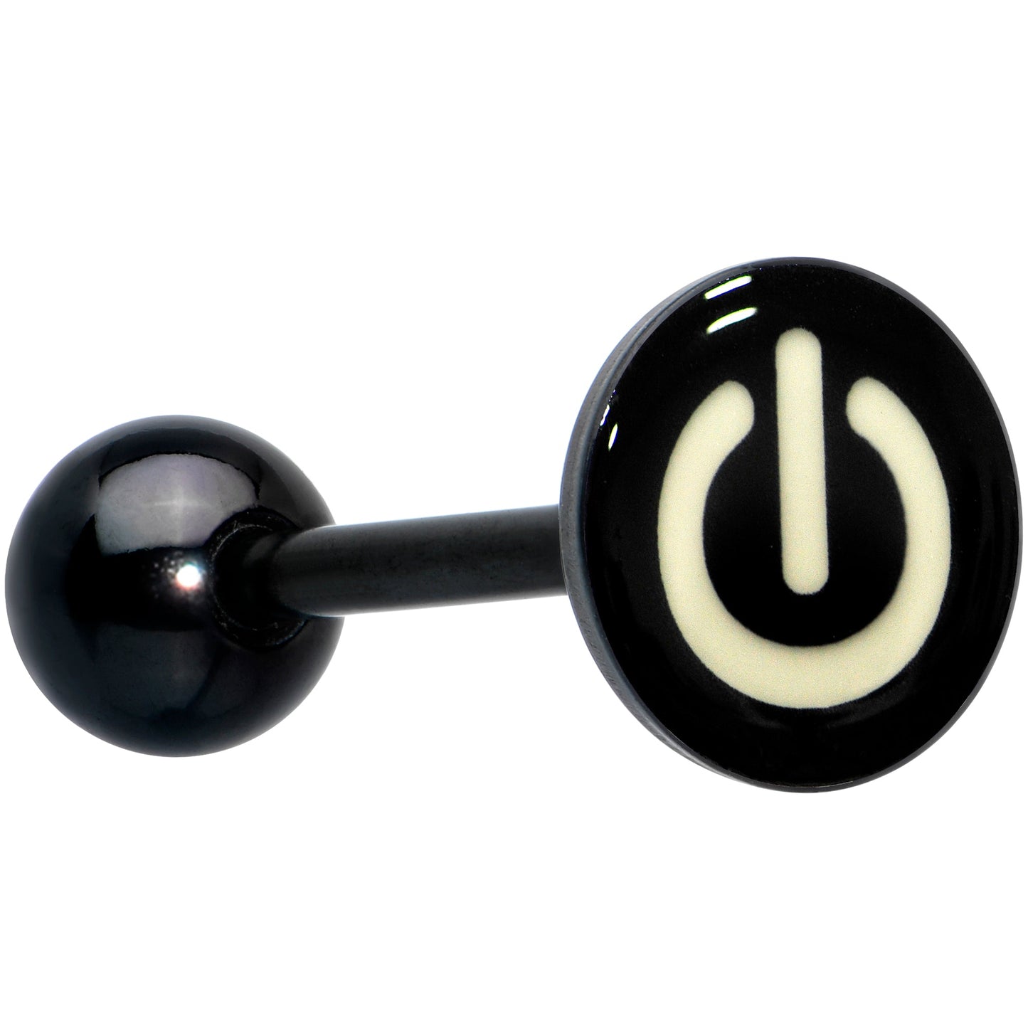 Power Button Glow in the Dark Black Anodized Barbell Tongue Ring