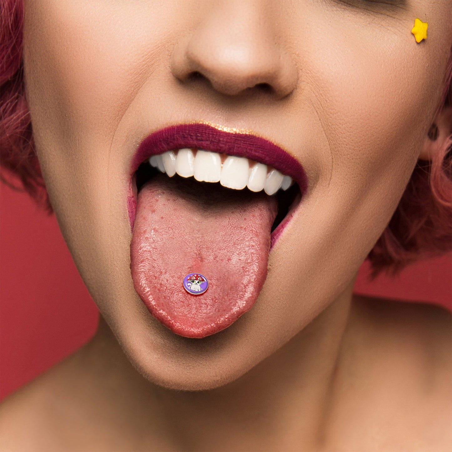 Polka Dot Mushroom Hat Cat Barbell Tongue Ring by Onyx O