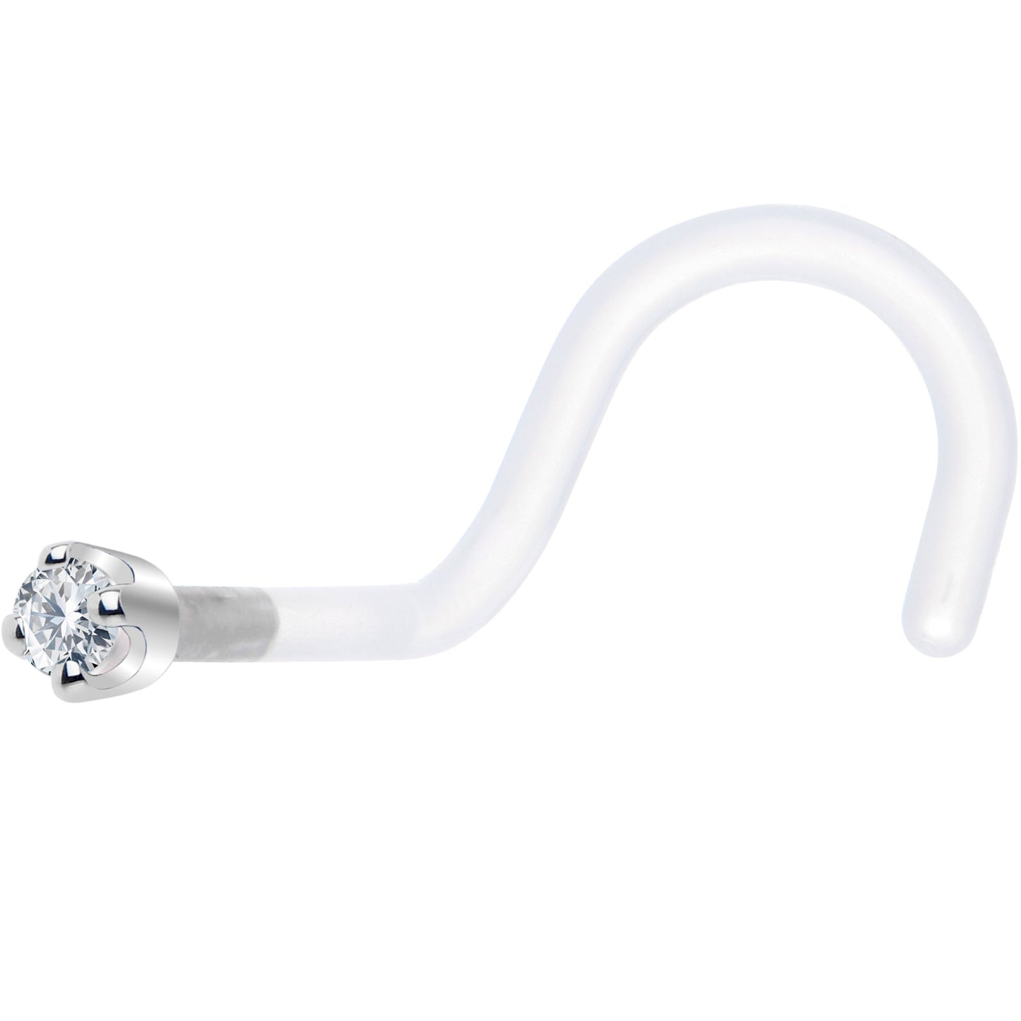 18G 1/4 White Gold 1.5mm Clear Cubic Zirconia Bioplast Nose Ring