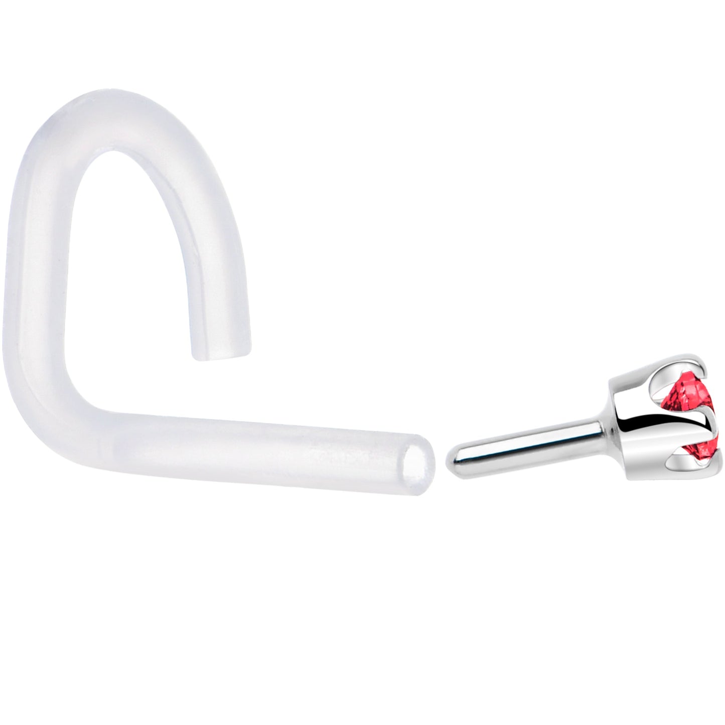18G 1/4 White Gold 1.5mm Red Cubic Zirconia Bioplast Nose Ring