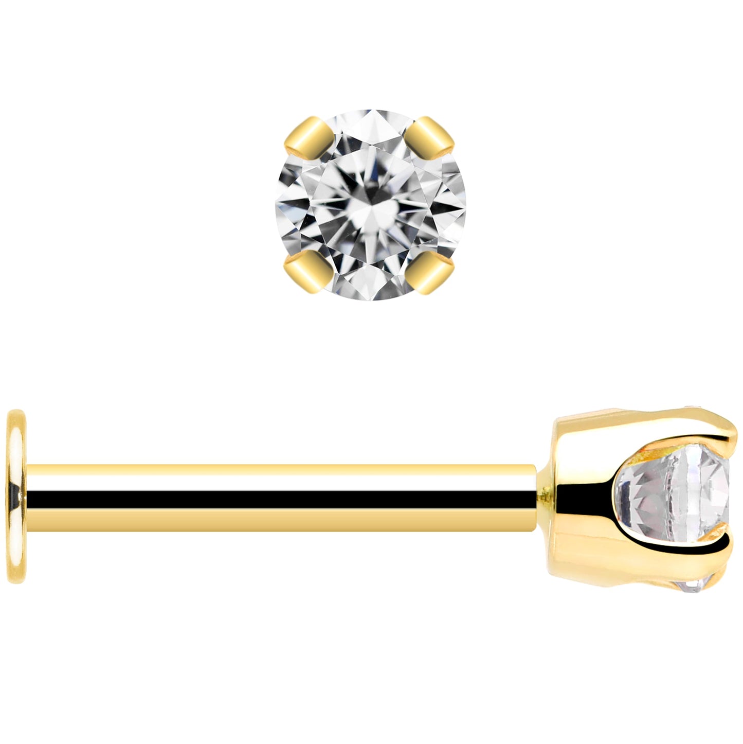 14k Yellow Gold Flat Back Earring with 3mm Cubic Zirconia Handmade