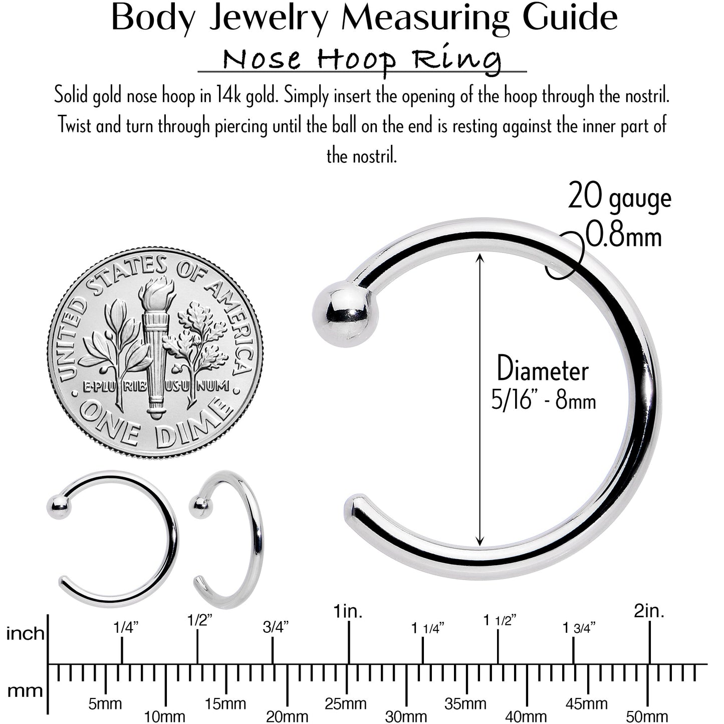 20G 5/16 Solid 14K White Gold Nose Hoop