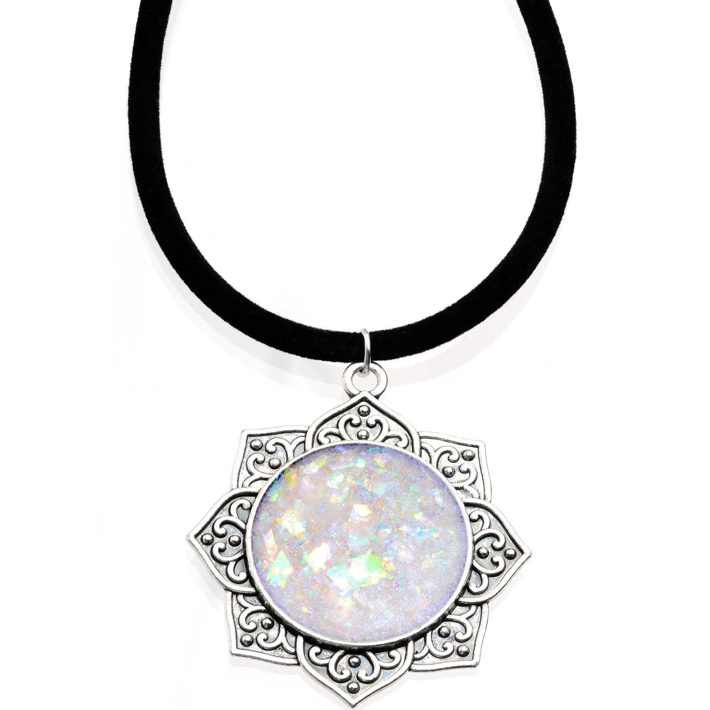 Handcrafted White Faux Opal Lotus Flower Love Velveteen Cord Necklace 16