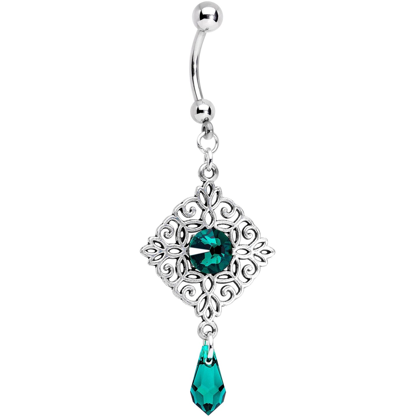 Handmade Green Rhom Dangle Belly Ring Created with Crystals