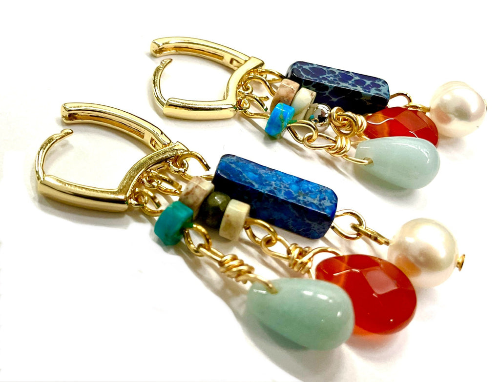 Natural gemstone 3 row hoop and tassel earrings amazonite, agate, jasper, pearl, drop dangle bohemian boho hippie woman hand assembled