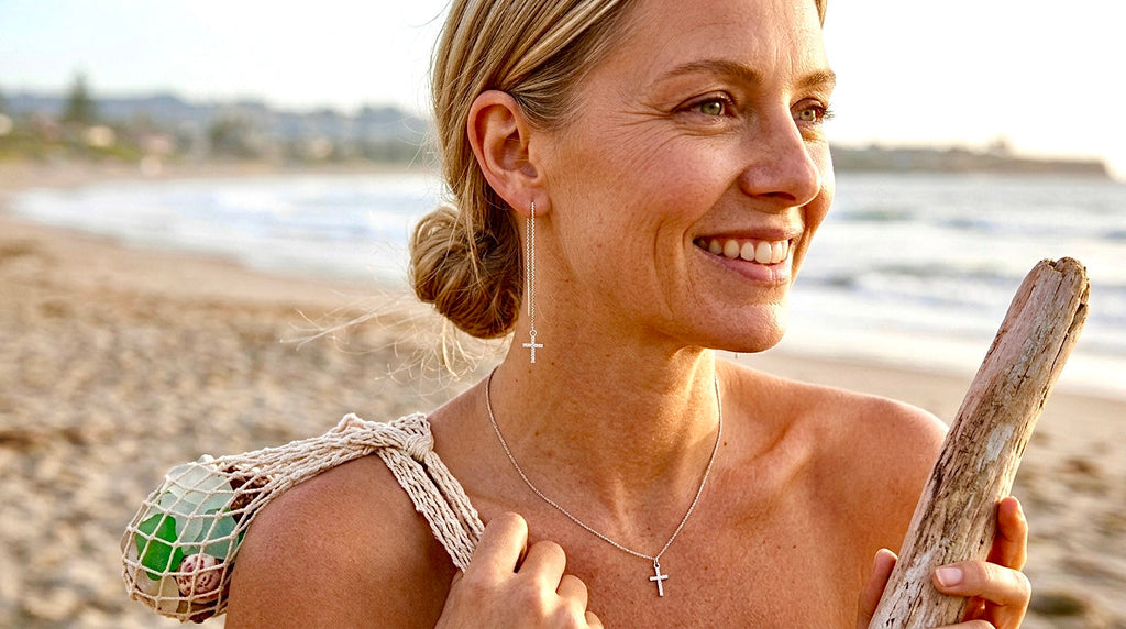 Silver Chain Cross Earrings with box chain through the earlobe design