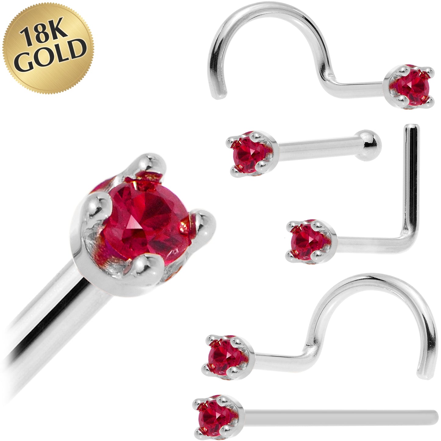 Solid 18K White Gold 1.5mm Diamond Cut Genuine Ruby Nose Ring