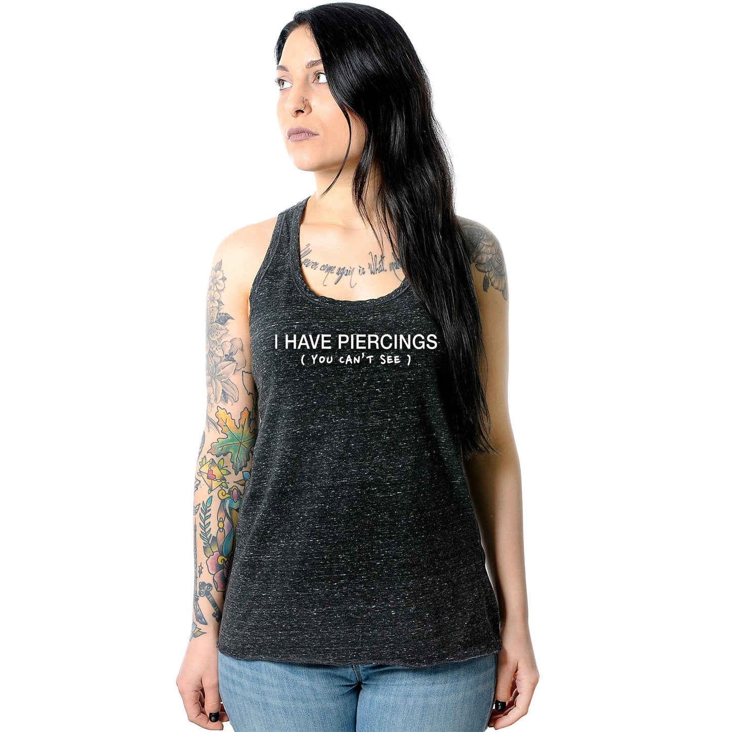 I Have Piercings You Can't See Black Gray Cosmic Twist Back Tank Top