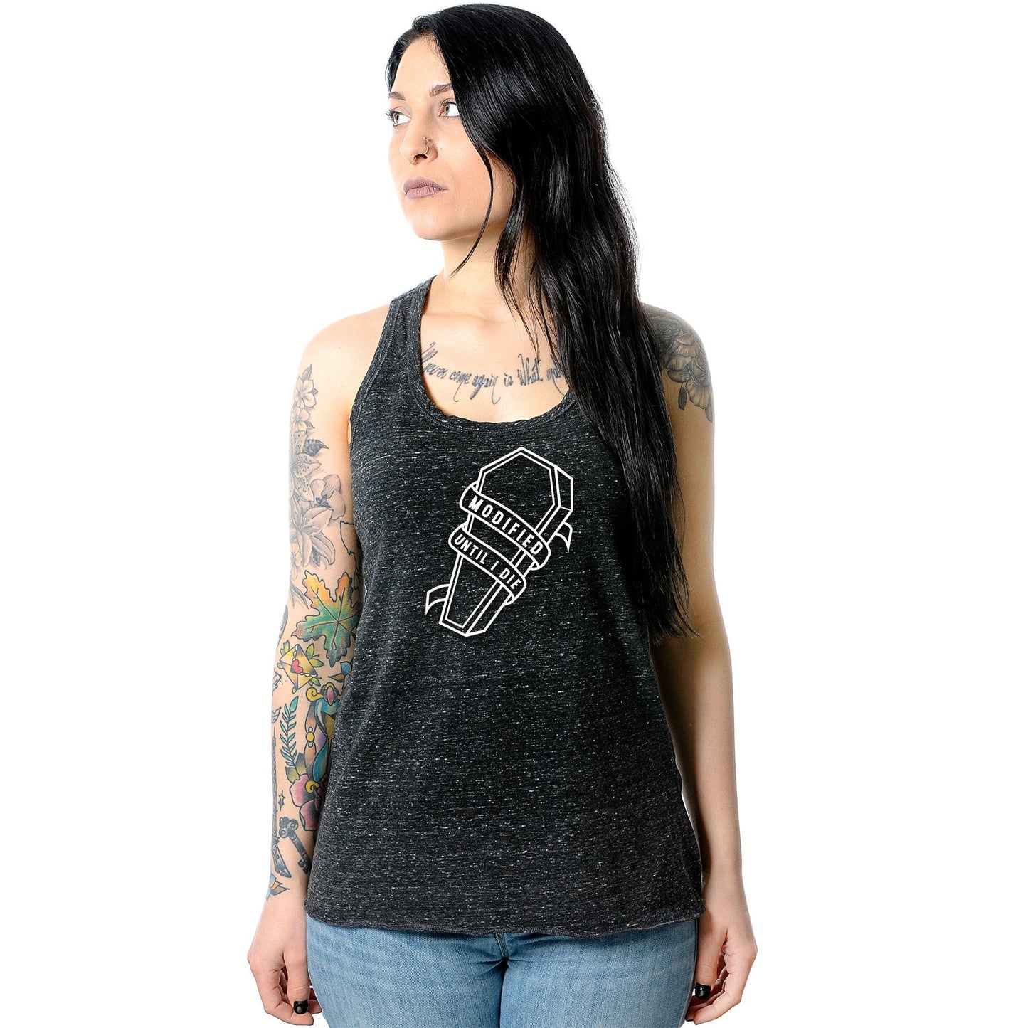 Modified Till I Die Black Gray Cosmic Twist Back Tank Top