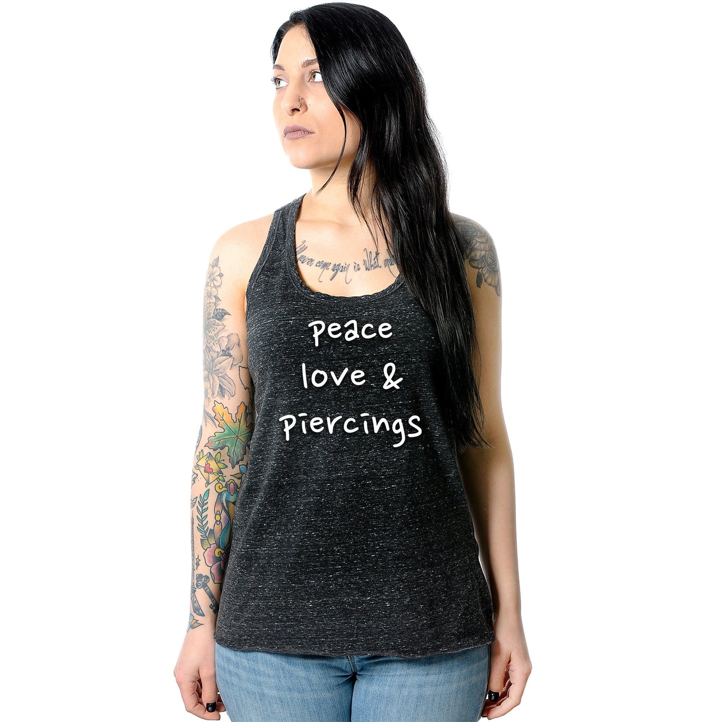 Peace Love & Piercings Black Gray Cosmic Twist Back Tank Top