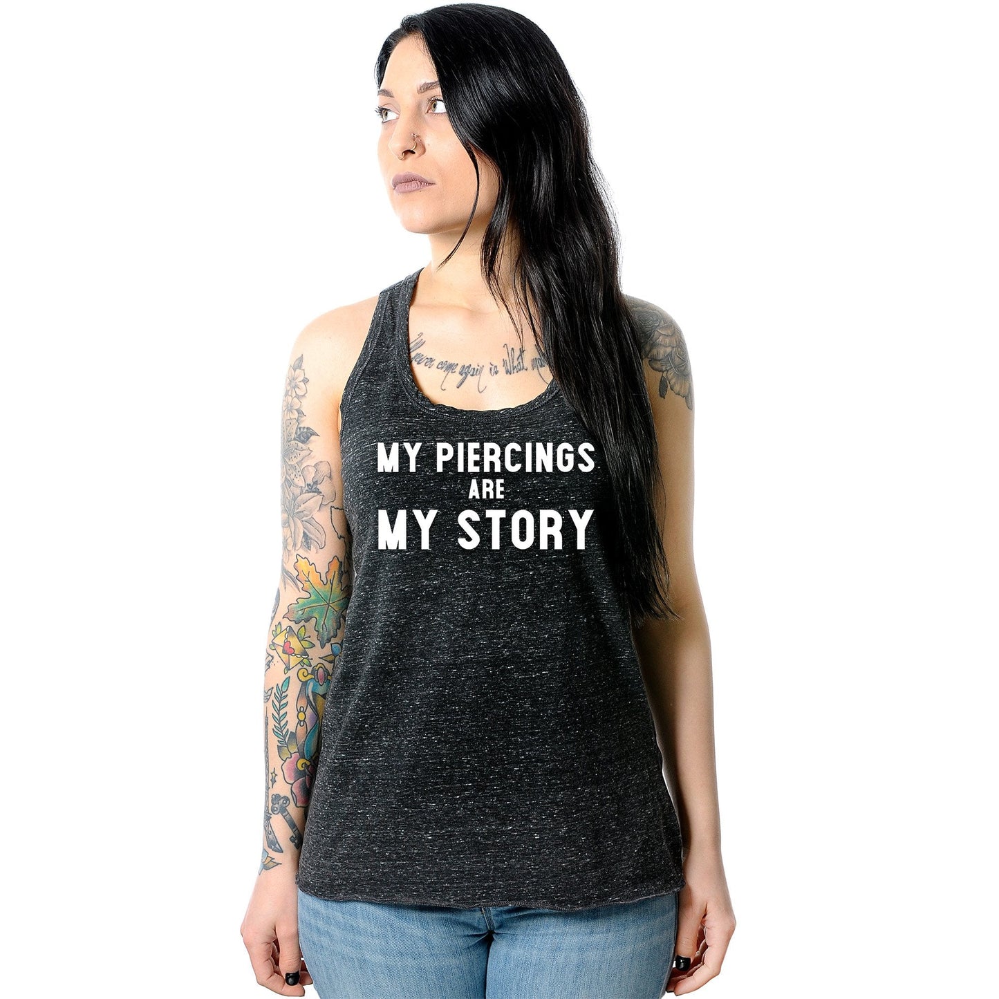 My Piercings Are My Story Black Gray Cosmic Twist Back Tank Top